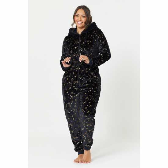 Sherpa Hooded Foil Star Print Onesie Black  Дамско облекло плюс размер