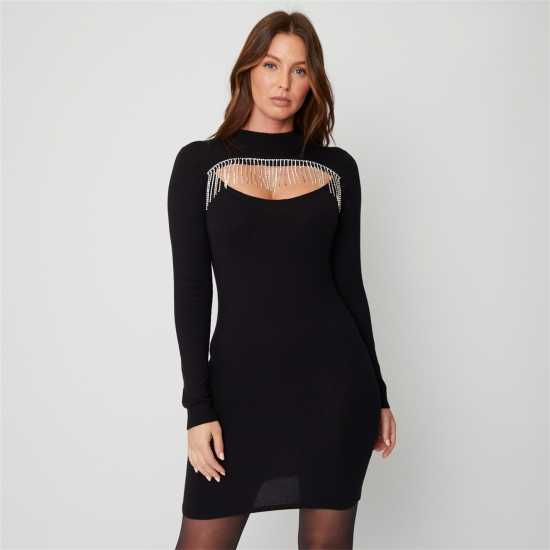 Rib Diamante Black Jumper Dress  - Дамски пуловери и жилетки