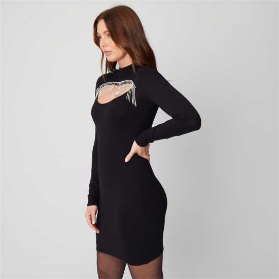 Rib Diamante Black Jumper Dress  - Дамски пуловери и жилетки
