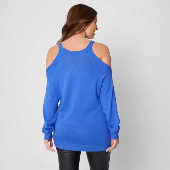 Плетен Пуловер Cold Shoulder Blue Fine Knit Jumper