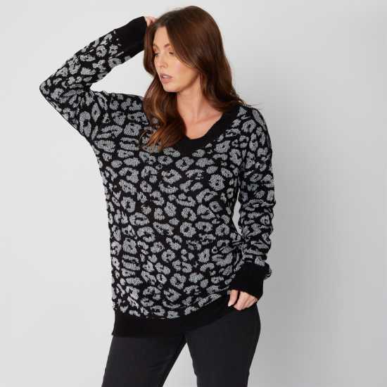 V Neck Black Lurex Animal Jumper  Дамски пуловери и жилетки