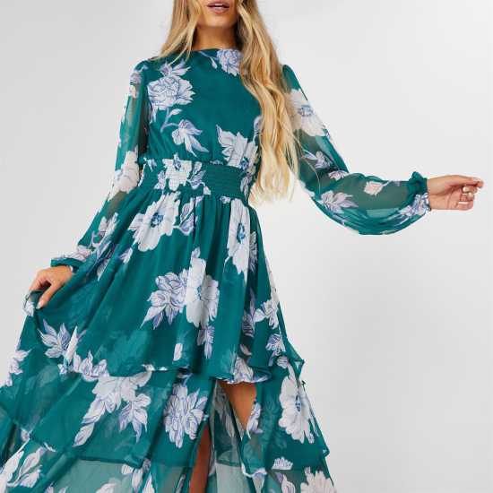 Floral Ruched Bust Midaxi Dress Green Floral Дамски поли и рокли