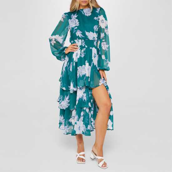 Floral Ruched Bust Midaxi Dress Green Floral Дамски поли и рокли