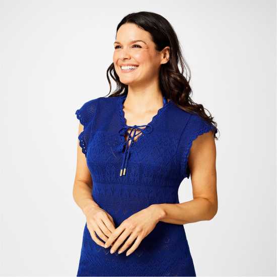 Biba Pointelle Knit Maxi Dress Кобалтово синьо Дамски пуловери и жилетки