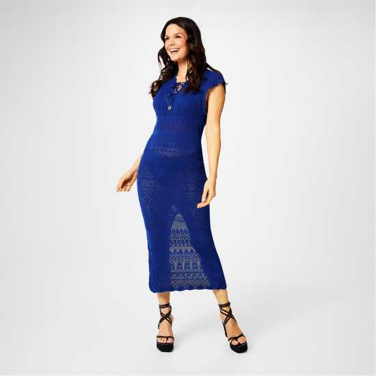 Biba Pointelle Knit Maxi Dress Cobalt Blue - Dresses Under 60