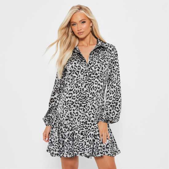 Рокля-Риза I Saw It First Isawitfirst Printed Frill Hem Satin Shirt Dress Рокля-Риза I Saw It First Isawitfirst Printed Frill Hem Satin Shirt Dress
