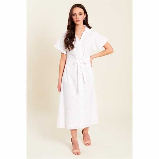 Рокля-Риза Be You Broderie Tie Waist Midi Shirt Dress Бяло Рокля-Риза Be You Broderie Tie Waist Midi Shirt Dress Бяло