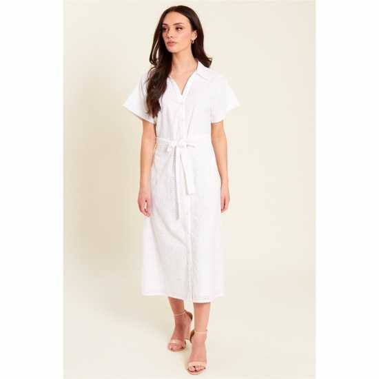 Рокля-Риза Be You Broderie Tie Waist Midi Shirt Dress Бяло Рокля-Риза Be You Broderie Tie Waist Midi Shirt Dress Бяло