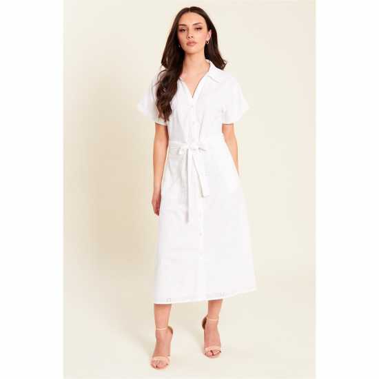 Рокля-Риза Be You Broderie Tie Waist Midi Shirt Dress Бяло Рокля-Риза Be You Broderie Tie Waist Midi Shirt Dress Бяло