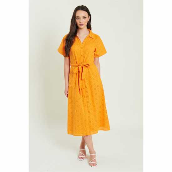 Рокля-Риза Be You Broderie Tie Waist Midi Shirt Dress Оранжево 