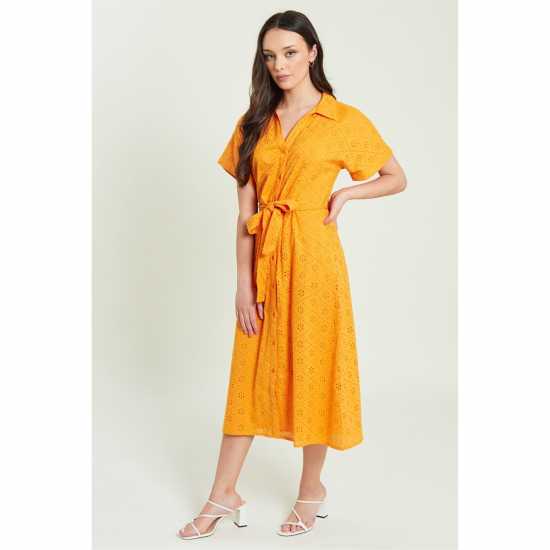 Рокля-Риза Be You Broderie Tie Waist Midi Shirt Dress Оранжево 