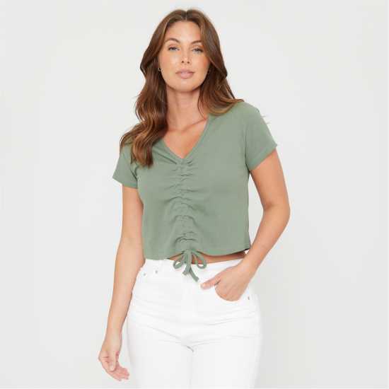 Be You Ruched Rib Top Womens Хаки Дамски тениски и фланелки