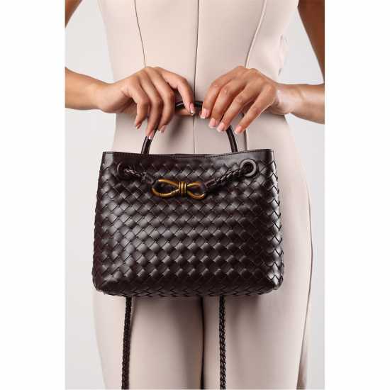 Wheres Woven Leather Tote Bag With Gold Detail Brown 