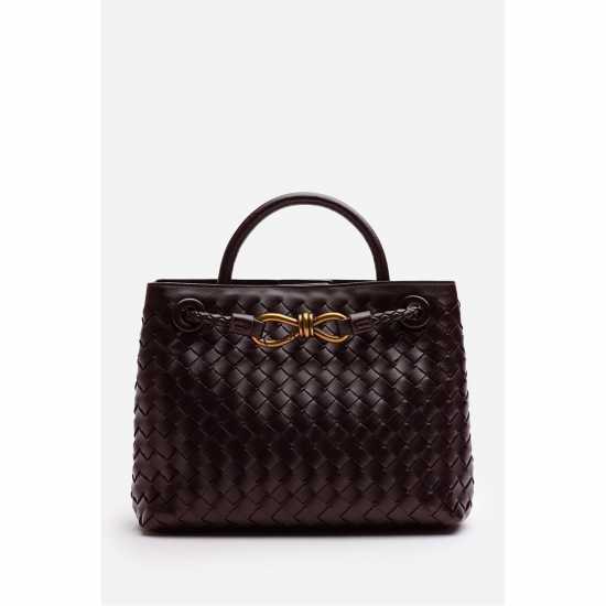 Wheres Woven Leather Tote Bag With Gold Detail Brown 