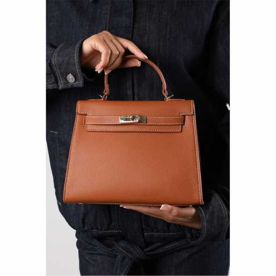 Wheres That From Handle Satchel Mini Tote Bag With Turn-Lock Brown 