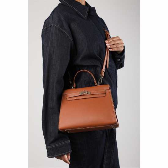Wheres That From Handle Satchel Mini Tote Bag With Turn-Lock Brown 