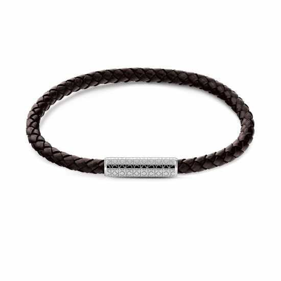 Calvin Klein Gents  Black Leather And Stainless Steel Single Wrap  Bracelet.  Бижутерия