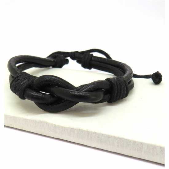 Mens Black Leather Knot Bracelet - Non P - 7174-Np  Бижутерия