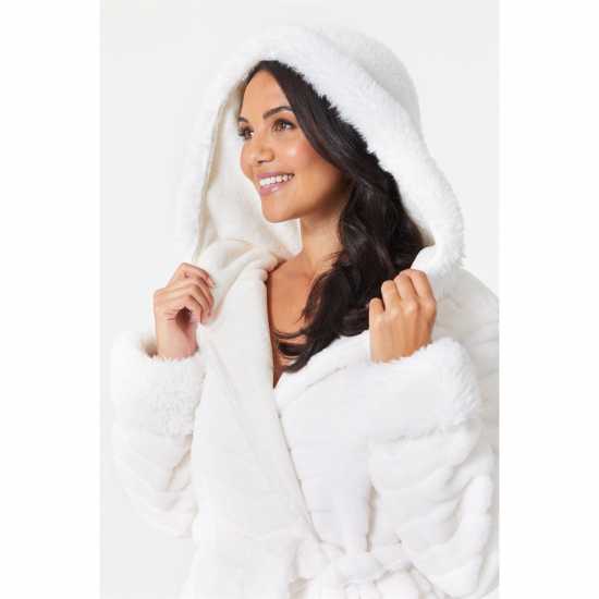 Luxury Faux Fur Hooded Robe Cream  Дамско облекло плюс размер