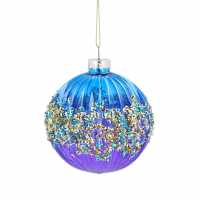 Purple/turquoise Ribbed Glass Bauble With Glitter Band