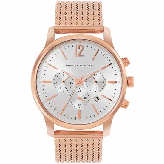 French Connection Connection Duke Silver Round Analog Watch With Rose Gold Strap For Men  