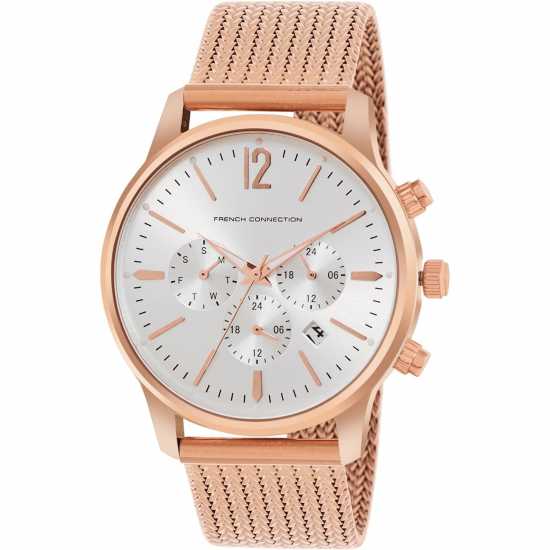 French Connection Connection Duke Silver Round Analog Watch With Rose Gold Strap For Men  