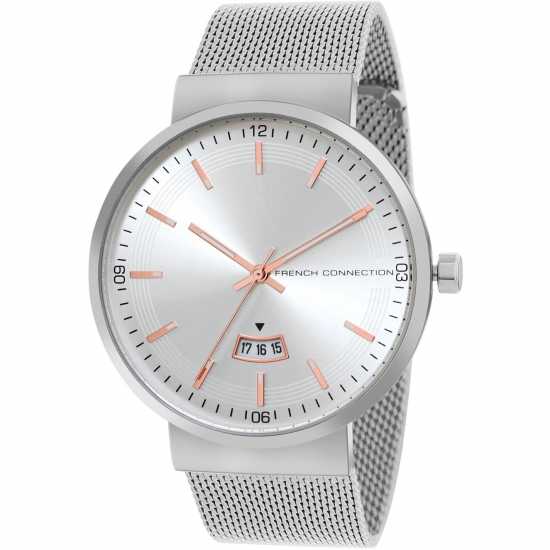 French Connection Connection Jake Silver Round Analog Watch Steel Strap For Men Silver Часовници