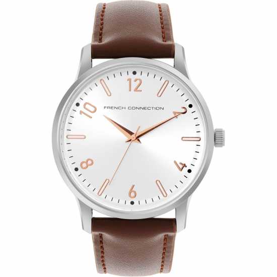 French Connection Silver Case Round Shape Brown Strap Quartz Watch French Connection Silver Case Round Shape Brown Strap Quartz Watch