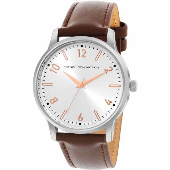 French Connection Silver Case Round Shape Brown Strap Quartz Watch French Connection Silver Case Round Shape Brown Strap Quartz Watch