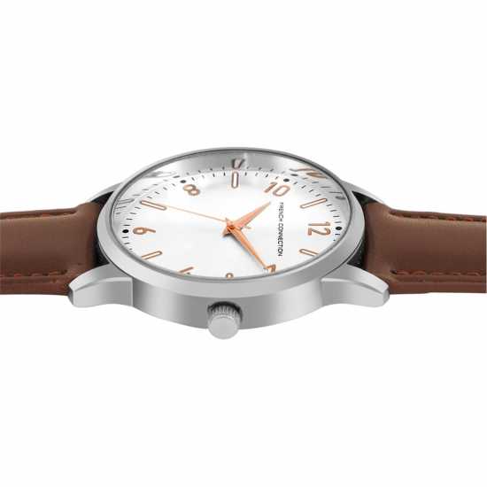 French Connection Silver Case Round Shape Brown Strap Quartz Watch French Connection Silver Case Round Shape Brown Strap Quartz Watch