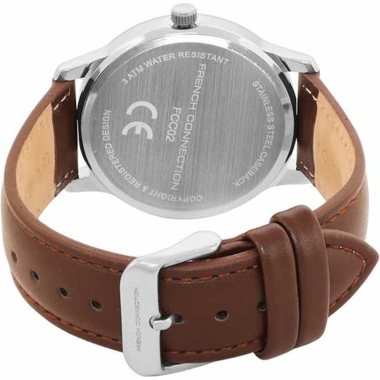 French Connection Silver Case Round Shape Brown Strap Quartz Watch French Connection Silver Case Round Shape Brown Strap Quartz Watch