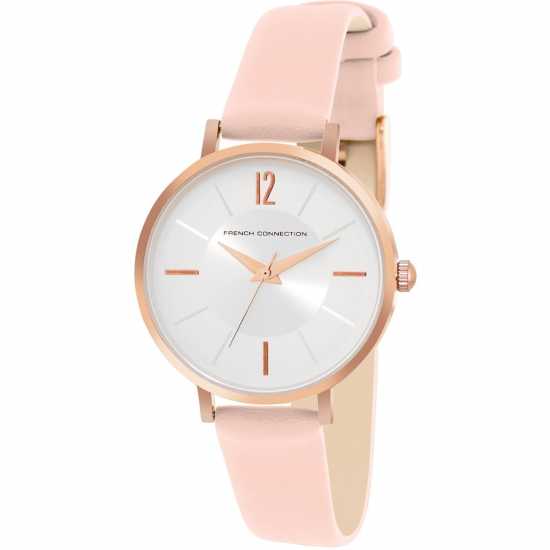 French Connection Rose Case Round Shape Pink Strap Quartz Watch  