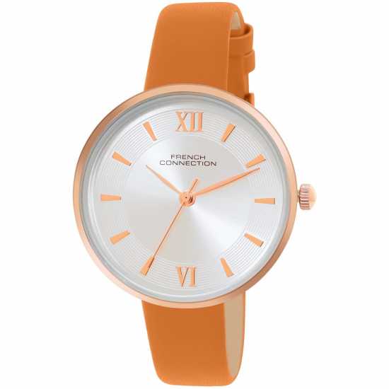 French Connection Rose Case Round Shape Tan Strap Quartz Watch French Connection Rose Case Round Shape Tan Strap Quartz Watch