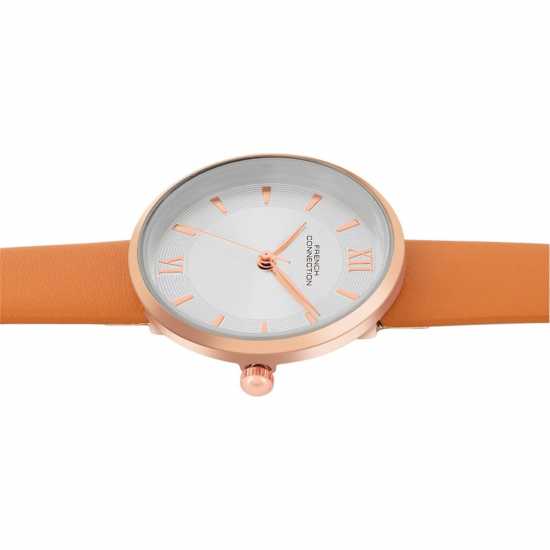 French Connection Rose Case Round Shape Tan Strap Quartz Watch French Connection Rose Case Round Shape Tan Strap Quartz Watch