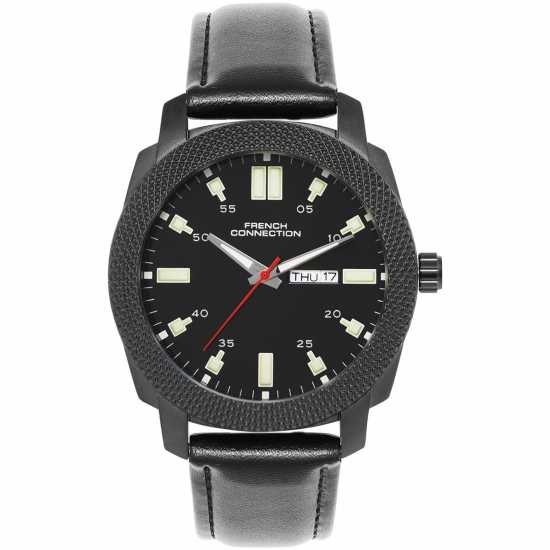 French Connection Black Case Round Shape Black Strap Quartz Watch  
