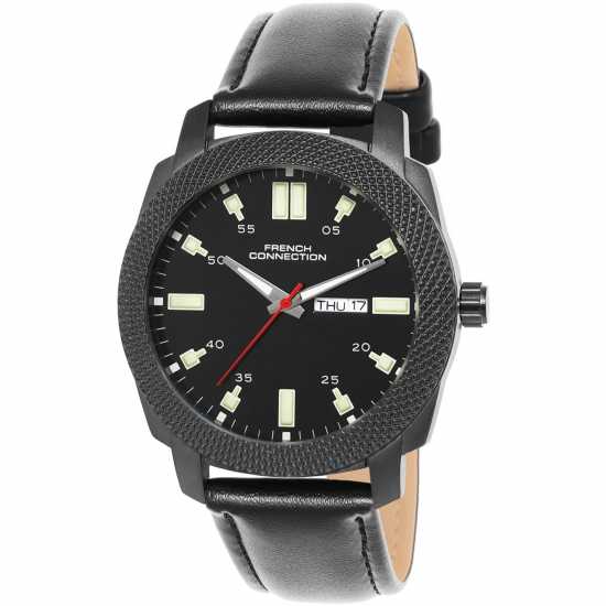 French Connection Black Case Round Shape Black Strap Quartz Watch  