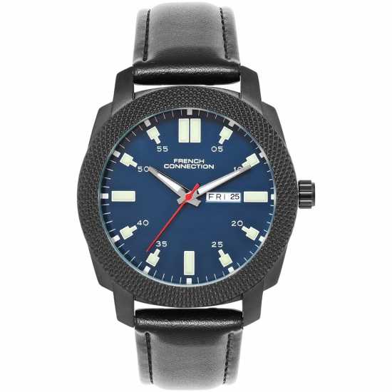 French Connection Black Case Round Shape Black Strap Quartz Watch  