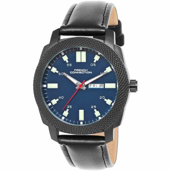 French Connection Black Case Round Shape Black Strap Quartz Watch  