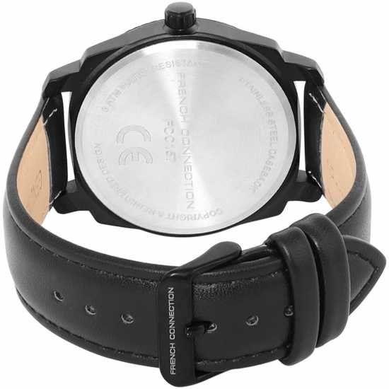 French Connection Black Case Round Shape Black Strap Quartz Watch  