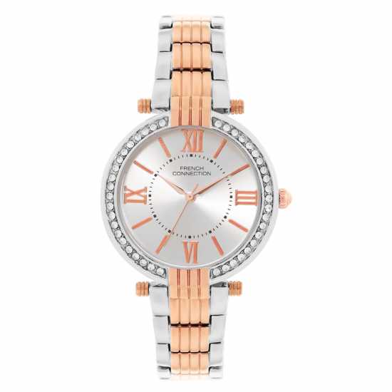 French Connection Silver Case Round Shape Rose Two Tone Strap Quartz Watch  