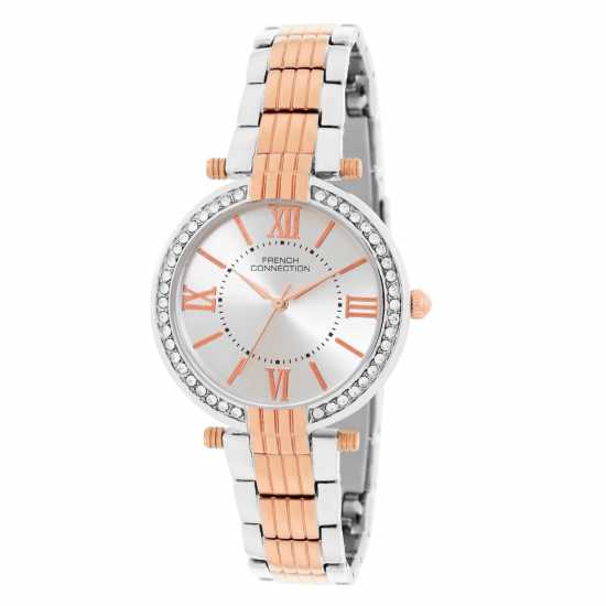 French Connection Silver Case Round Shape Rose Two Tone Strap Quartz Watch  