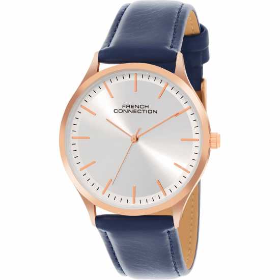 French Connection Rose Case Round Shape Blue Strap Quartz Watch  