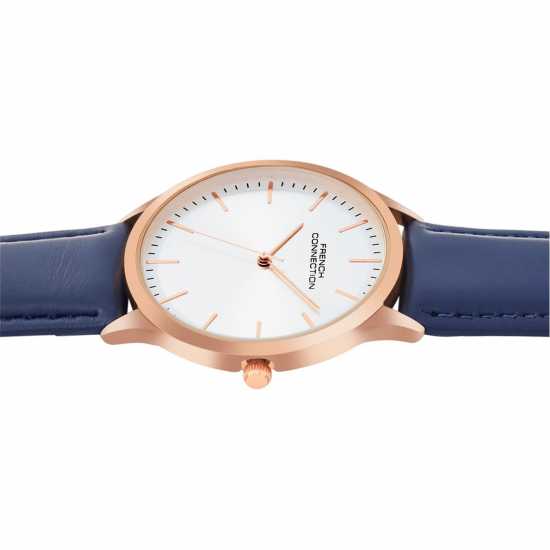 French Connection Rose Case Round Shape Blue Strap Quartz Watch  