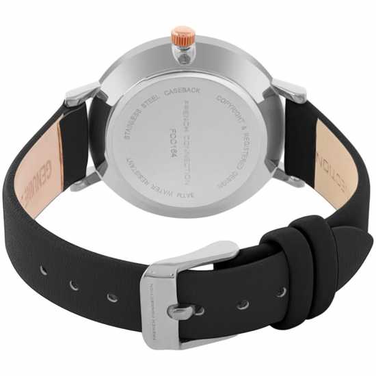 French Connection Silver Case Round Shape Black Strap Quartz Watch French Connection Silver Case Round Shape Black Strap Quartz Watch