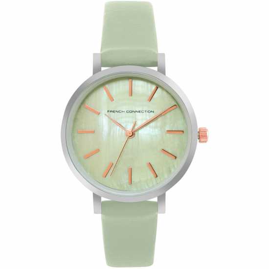 French Connection Silver Case Round Shape Sea Green Strap Quartz Watch  
