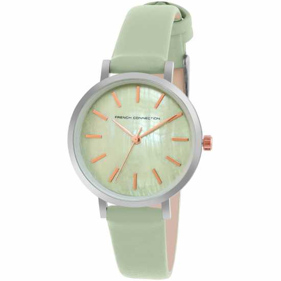 French Connection Silver Case Round Shape Sea Green Strap Quartz Watch  