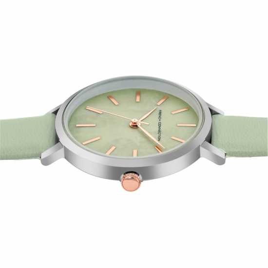 French Connection Silver Case Round Shape Sea Green Strap Quartz Watch  