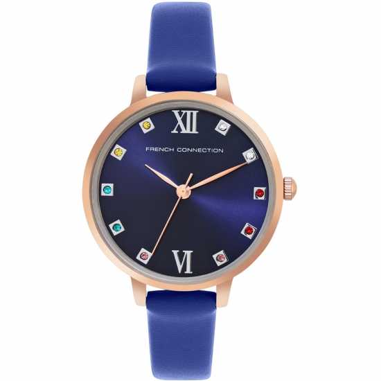 French Connection Rose Case Round Shape Blue Strap Quartz Watch  