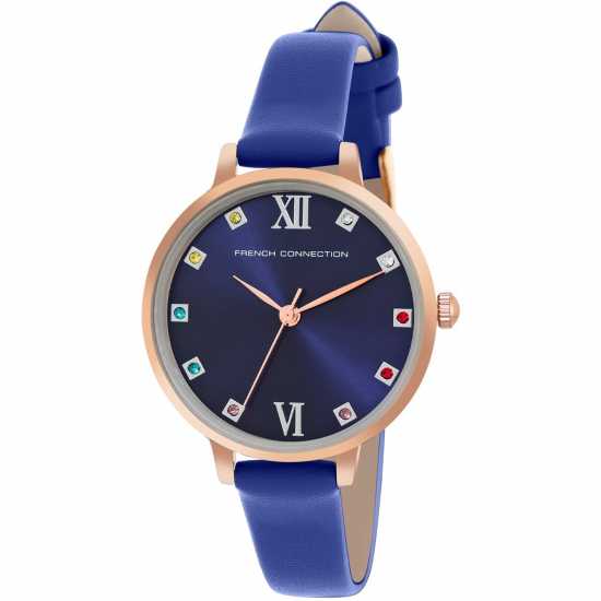 French Connection Rose Case Round Shape Blue Strap Quartz Watch  