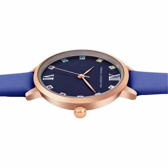 French Connection Rose Case Round Shape Blue Strap Quartz Watch  